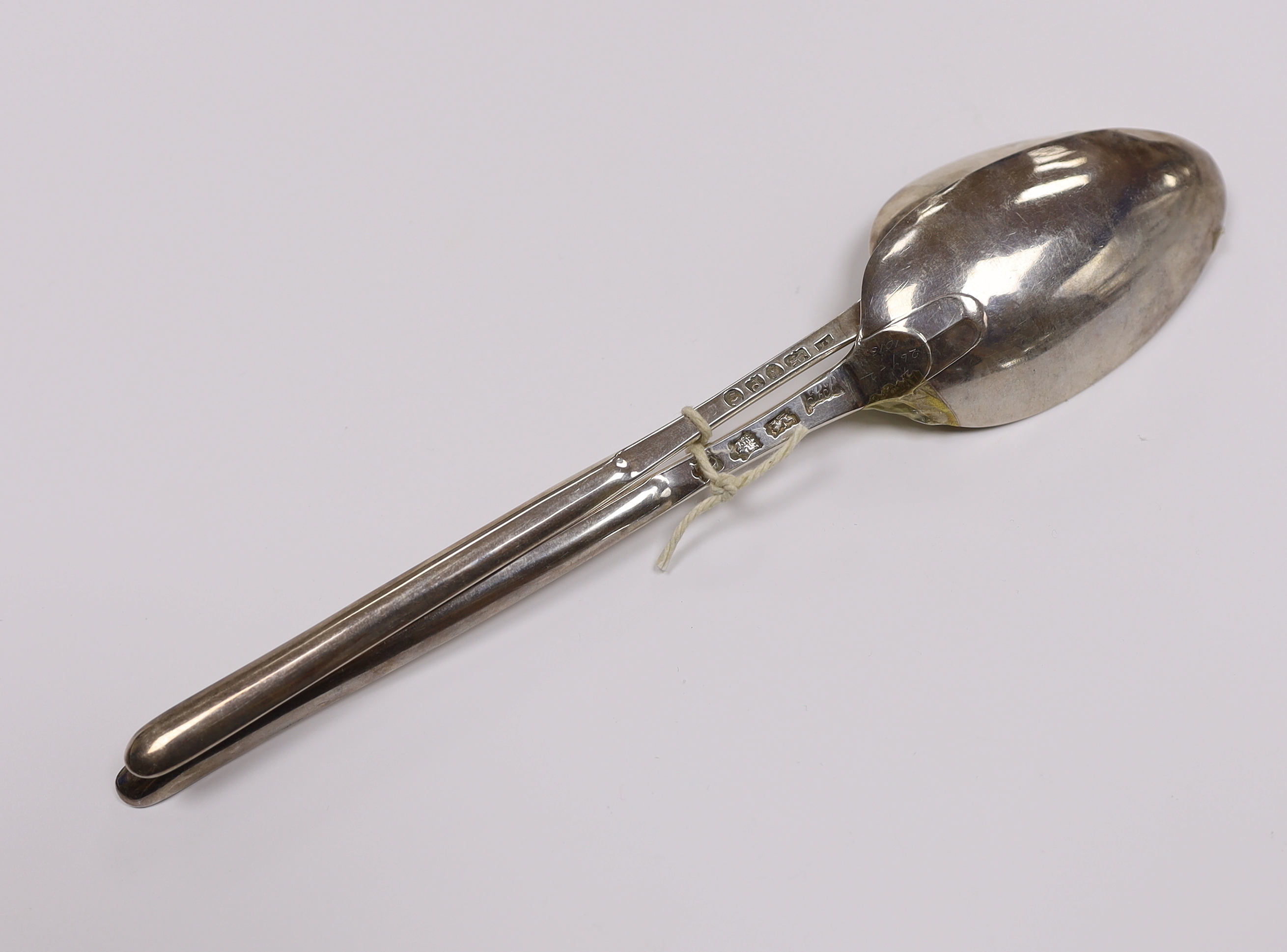 Two 18th century silver combination marrow scoop spoons, Robert Perth, London, 1750 and Stephen Adams II, London, 1790, longest 22.8cm, 89 grams.